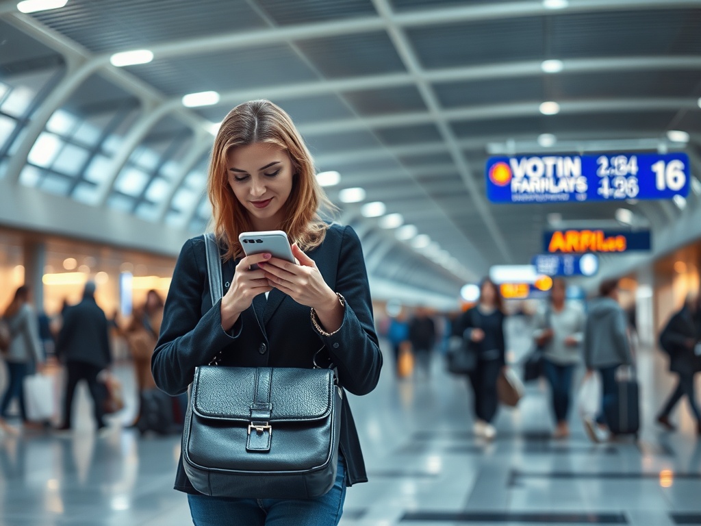 O tânără zâmbește în timp ce folosește telefonul mobil, în aeroport, printre mulțimea de călători.