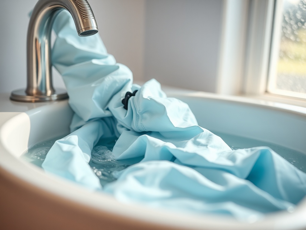 O bluză de culoare albastră este îmbibată în apă, lăsată să se scurgă într-un chiuvetă de baie.